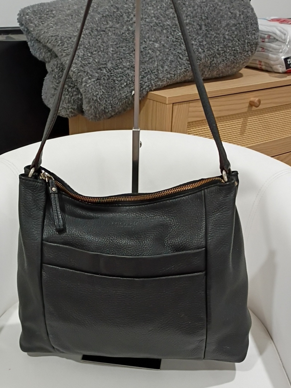 kate spade Black Pebbled Leather Shoulder Tote with Front Slip Pocket